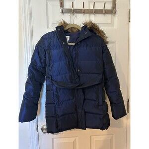 Youth Gap Long Puffer Jacket XXL Full Zip Button Snap Hood Blue Metallic w belt
